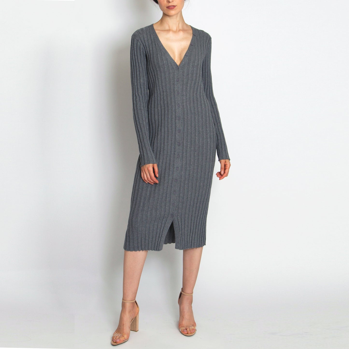 Ribbed Button-front Sweater Dress