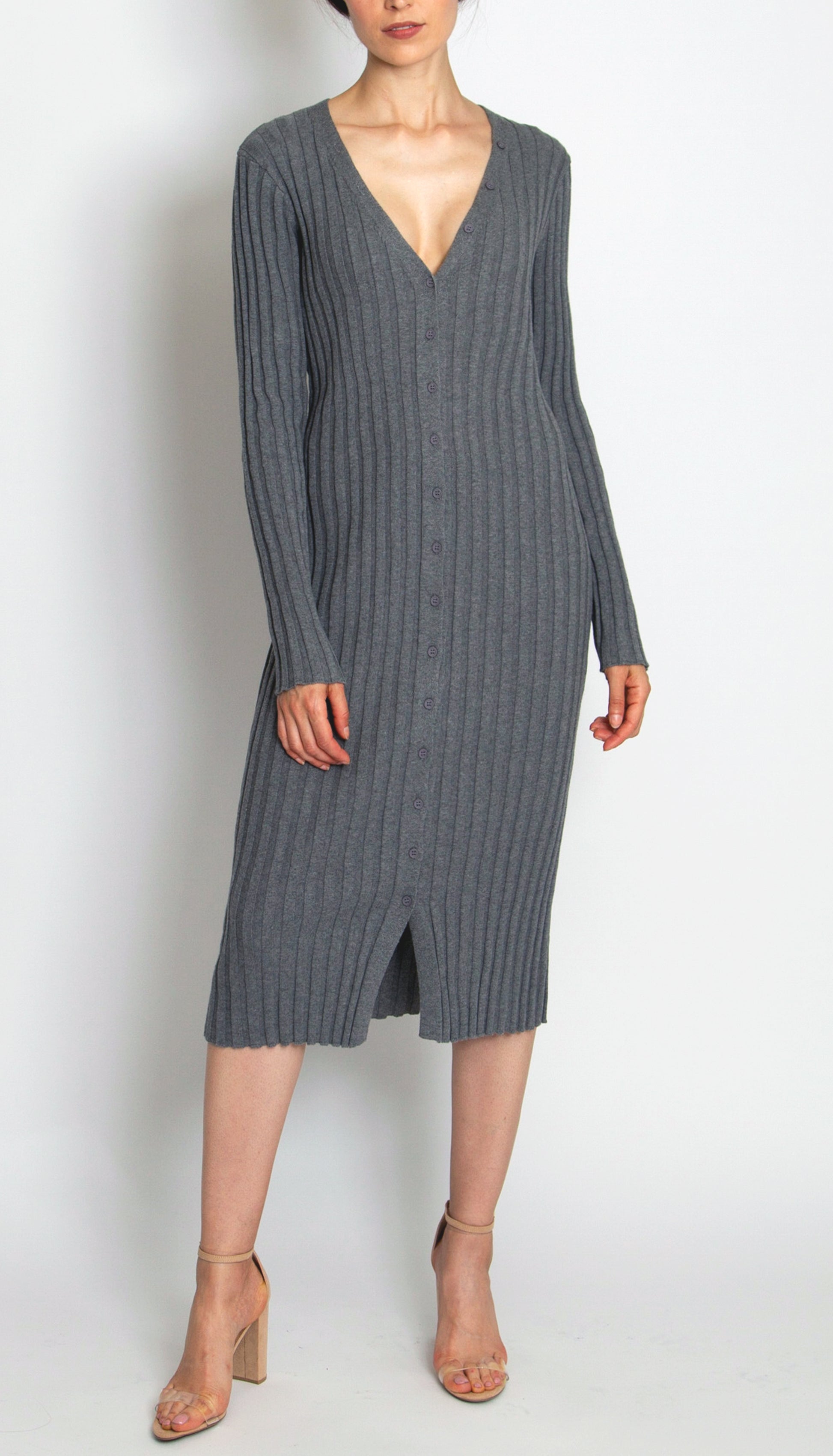 Ribbed Button-front Sweater Dress BELIGHTSHOP Ribbed Button-front Sweater Dress BELIGHTSHOP